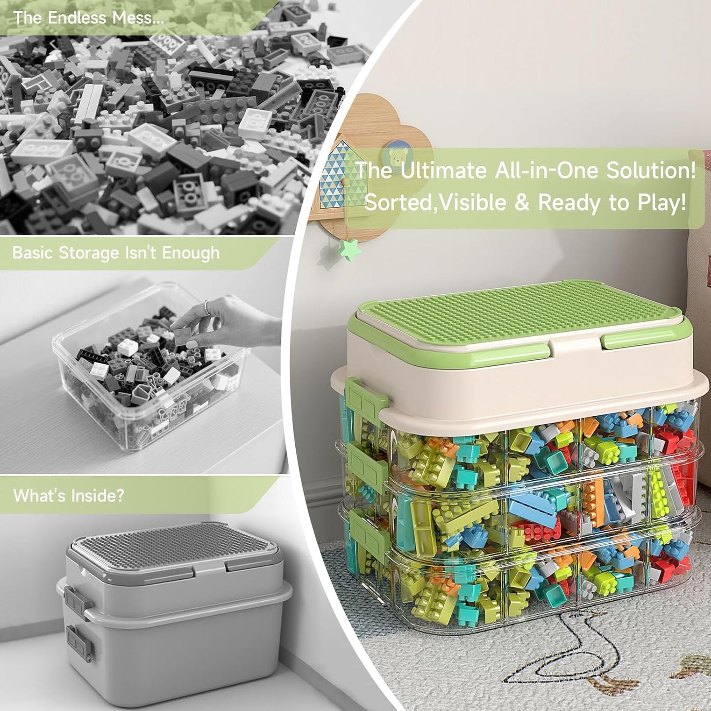 Toy Storage Organizer Box with Handle, Stackable Building Block Toy Box with Building Plate Lid & Removable Sorting Trays, Cubby Bins and Containers 2 Layer (Green)