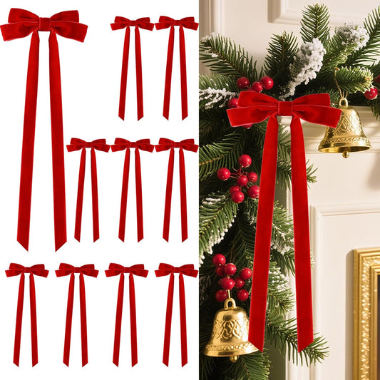 Senjie 10Pcs Large Velvet Christmas Tree Bows, 20in x 8in Premade Vintage Ribbon Tree Topper Bows Ornaments for Staircase Garland Wreath Holiday Home DIY Crafts Decorations, Red
