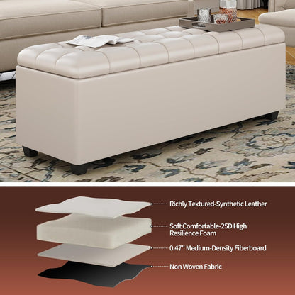 Small 38 Inches Long White Ottoman Bench with Storage,Footstool Furniture End of Bed Benches,Faux Leather Ottomans and Seat for Foot Rest in Bedroom, Living Room, Entryway