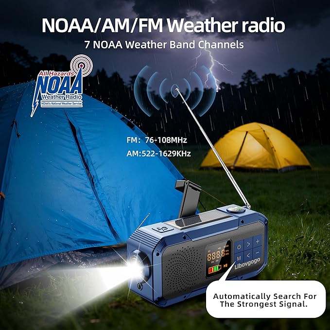 Emergency Weather Radio with IPX5 Waterproof Portable Bluetooth Speaker,USB-C Solar Hand Crank,NOAA Alarm AM FM Radio,Flashlight,SOS Alarm,2000mAh Cell Phone Charger for Camping Survival