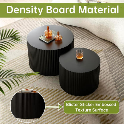 Round Nesting Coffee Table Modern Black Fluted Coffee Table Set of 2 for Living Room Circle Drum Coffee Tables Round Nesting Tables for Small Spaces (Black B 27in)