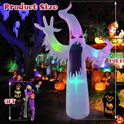 12FT Halloween Inflatables Giant White Ghost, Halloween Inflatable Outdoor Decoration, LED Colored Lights, Scary Red Eyes, Devil Claws, for Indoor and Outdoor Halloween Blow Ups Party Decorations