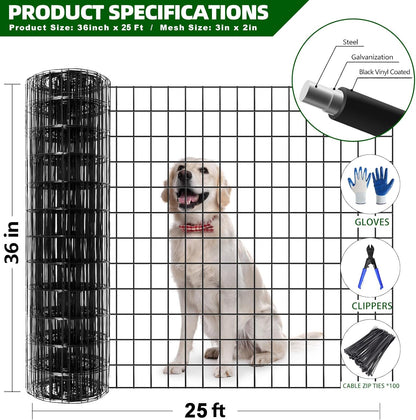 Welded Wire Fence, 25ft(L) x 36inch(H) Garden Fence for Dog, 2 Inch x 3 Inch 16GA Fencing for Chicken, PVC Coated Anti-Rust Roll Metal Wire Mesh Fence for Yard Vegetable, Black
