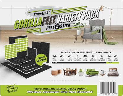 Slipstick Gorilla Felt Furniture Pads (294 Piece Variety Pack) Premium Furniture Pads & Chair Leg Floor Protectors for Hardwood Floors & Hard Surfaces