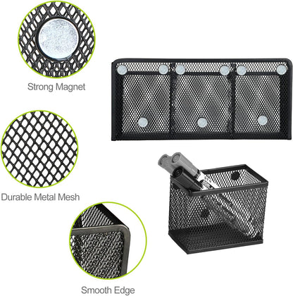 Neudeco Magnetic Pencil Holder, Locker Shelf Organizer, Metal Storage Basket for Whiteboard, Refrigerator, Ideal Cabinet for School, Black (Pack 4)