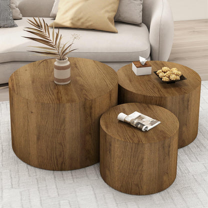 Vikiullf Nesting Coffee Table Set of 3, Round Wooden Coffee Tables, Modern Circle Table for Living Room, Bedroom, Accent Side Table, Saving Space Design and No Need Assembly