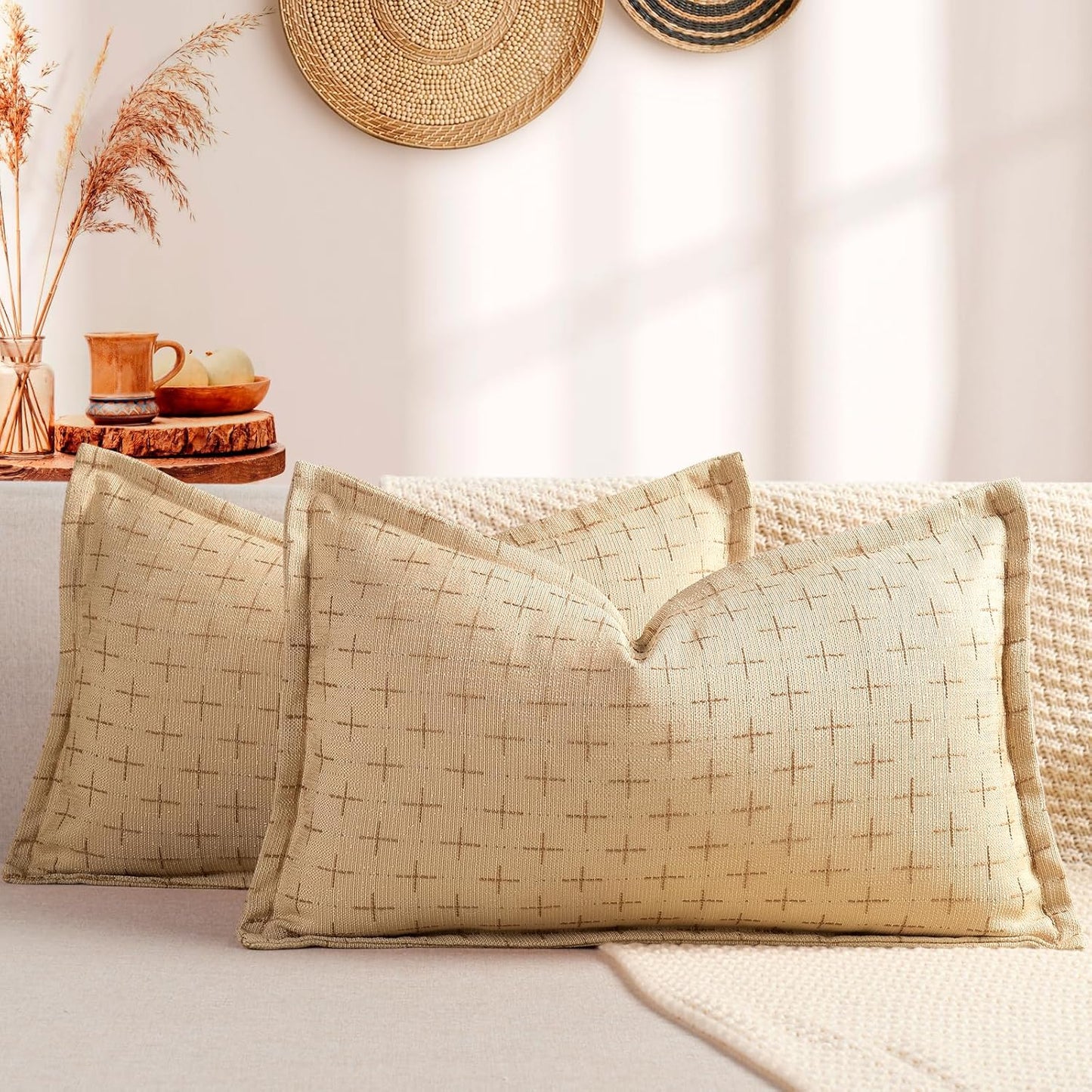 ZWJD 12x20 Pillow Covers Set of 2 Soft Polyester Textured Pillow Covers with Stylish Flange Edge Cozy Farmhouse Throw Pillows for Couch Bed Sofa Living Room