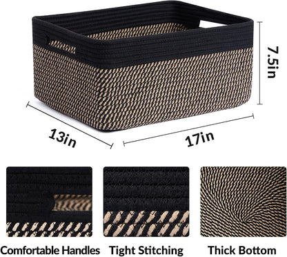 Large Storage Baskets for Organizing, Closet Shelf Baskets for Clothes Blanket Towels, Baby Nursery, Toy Bins Box, Woven Rope Baskets, 17 x 13 x 7.5”, 4 Packs Woven Brown