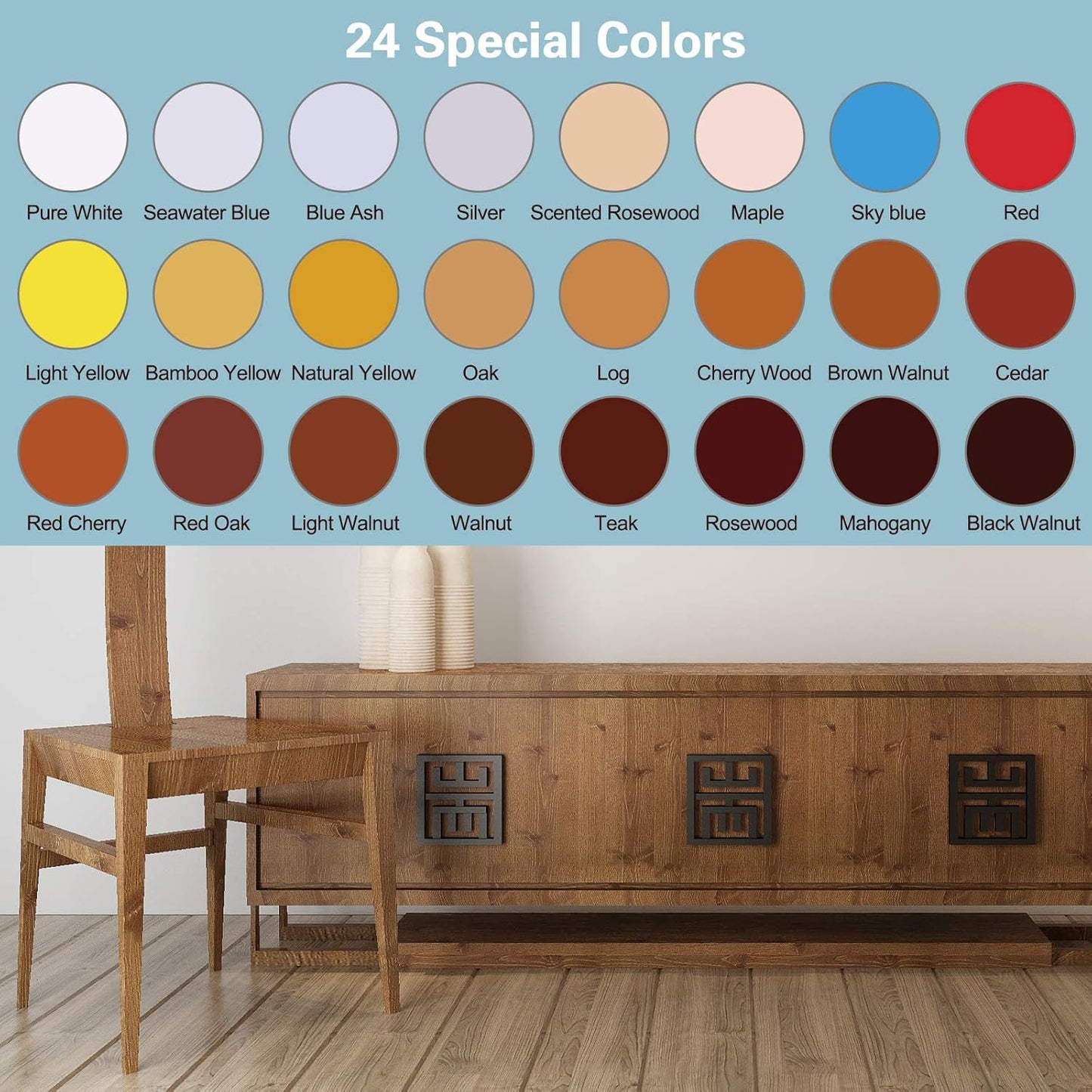 SEISSO Furniture Repair Kit 50 Pcs, 24 Colors Wood Fillers, Wood Paint, Wood Repair Kit, Wood Touch up Fillers Repair Scratches, Discoloration, Cracks, Stains, for Wooden Tables, Cabinet, Floors, Door