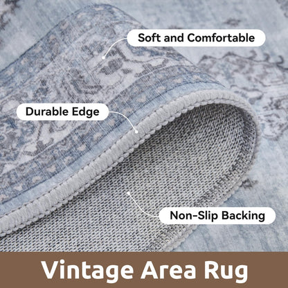 AMOAMI-Vintage Area Rug 3x5 Blue Rugs for Living Room-Soft Washable Rug Non Slip Entryway Rug Indoor Vintage Throw Accent for Bedroom Laundry Room Dining Bathroom Bedside