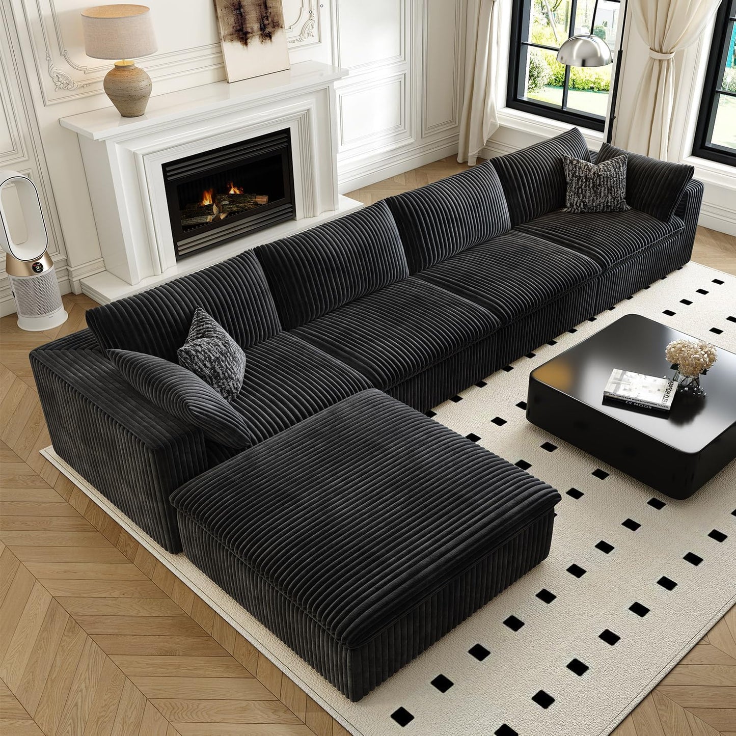 157.5" Cloud Couch Modular Sectional Sofa for Living Room,Modern Sofa with Deep Seat，L-Shape Boneless Couch with Ottoman,Comfy Upholstered Corduroy Couches for Apartment, Studio, Office,Bedroom，Black