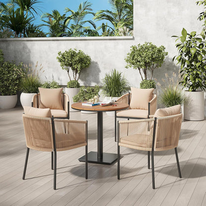 Soohow 5 Pieces Outdoor Dining Set for 4, Patio Table and Chairs Set 4 X Rattan Wicker Patio Chair with Cushions and 1 X Outdoor Table Plastic Wooden Top for Lawn, Deck Backyard, Poolside