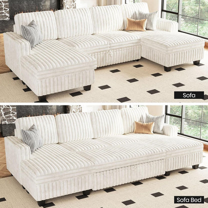 Belffin Modular Sectional Sleeper Sofa with Pull Out Couch Bed Corduroy Double Chaise with Storage White Couch