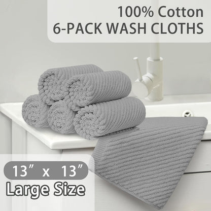 VOOVA & MOVAS Grey Washcloths 6PC (13"x13") - 100% Cotton | Lightweight | Thick | Quick Dry | Soft | Absorbent, Small Hand Towels for Face, Wash Cloths for Bathroom & Showering, Towel Gift Set, Gray