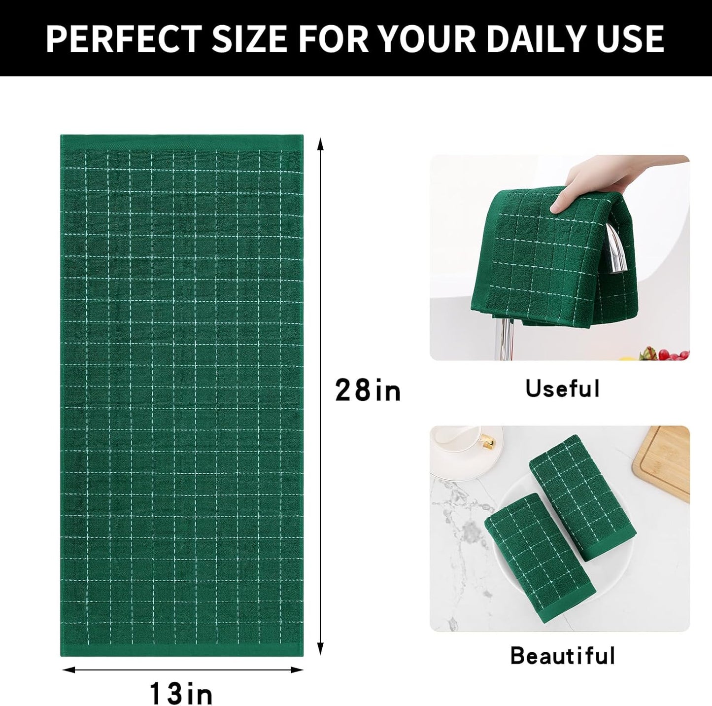 Homaxy 100% Cotton Terry Kitchen Towels(Dark Green, 13 x 28 inches), Checkered Designed, Soft and Super Absorbent Dish Towels, 8 Pack