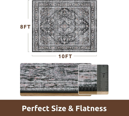 AMOAMI-Area Rug 8X10 Rugs for Living Room-Vintage Soft Black Rugs for Bedroom-Non Slip Carpet-Washable Rug for Dining Room Living Room Bedroom Office Under Table Dark Grey & Black