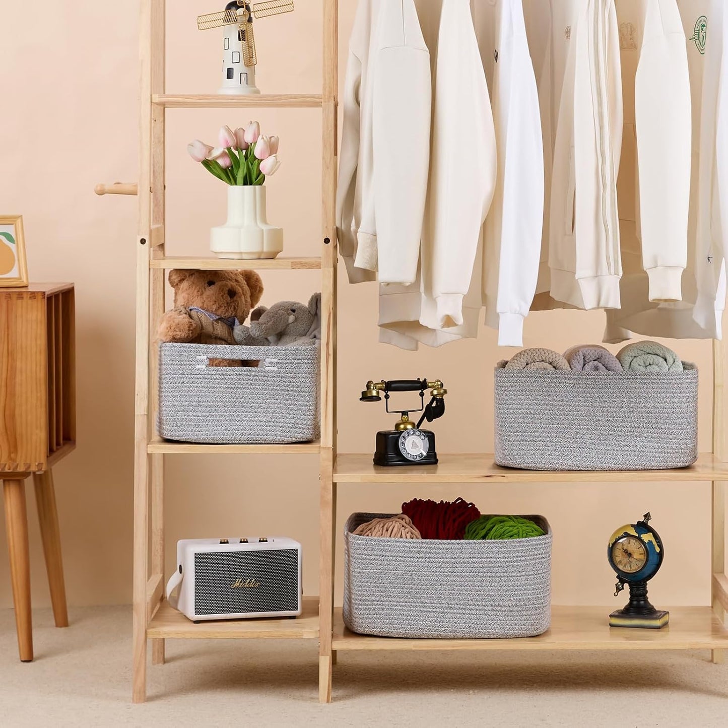 Large Storage Baskets for Organizing, Closet Shelf Baskets for Clothes Blanket Towels, Baby Nursery, Toy Bins Box, Woven Rope Baskets, 17 x 13 x 7.5”, 4 Packs Mixed Grey