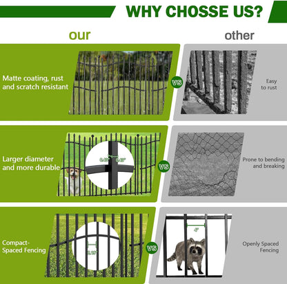 No Dig Garden Fence with Gate - 5 Panels 32in H x 11.25ft L, Sturdy Square Tube Rustproof Tall Animal Barrier for Dogs, Decorative Outdoor Fencing for Yard Gardens & Patios