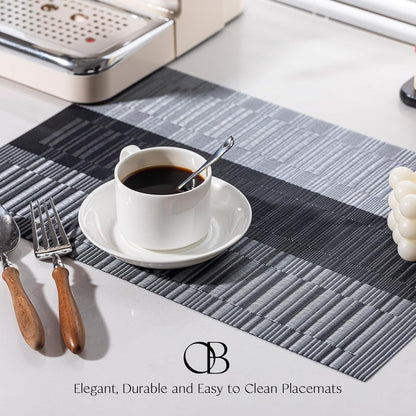 Placemats Set of 6 - Easy Clean Woven Vinyl Placemats for Dining Table, Indoor/Outdoor Place Mats, Washable PVC Table Mats （Silver Gray Black）