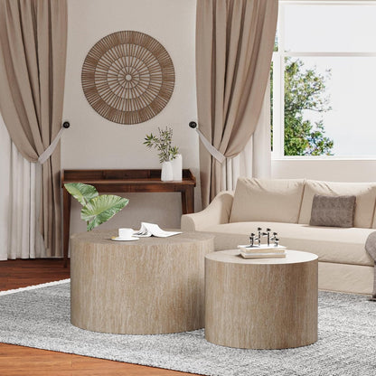Round Nesting Coffee Table Set of 2 Modern Wood Coffee Tables Handcraft Drum Coffees Table Farmhouse Round Sofa Side Tables End Table for Living Room Small Spaces, No Assembling (Travertine Large)