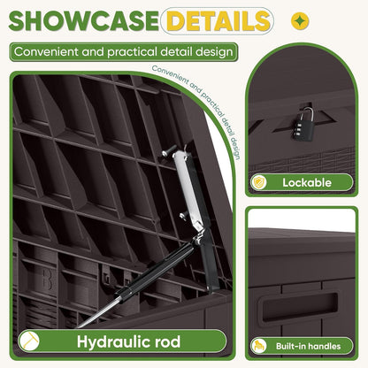 Greesum 100 Gallon Resin Deck Box Lockable Large Outdoor Storage Boxes for Garden Tools, Patio Furniture Cushions, Pool Supplies, Dark Brown