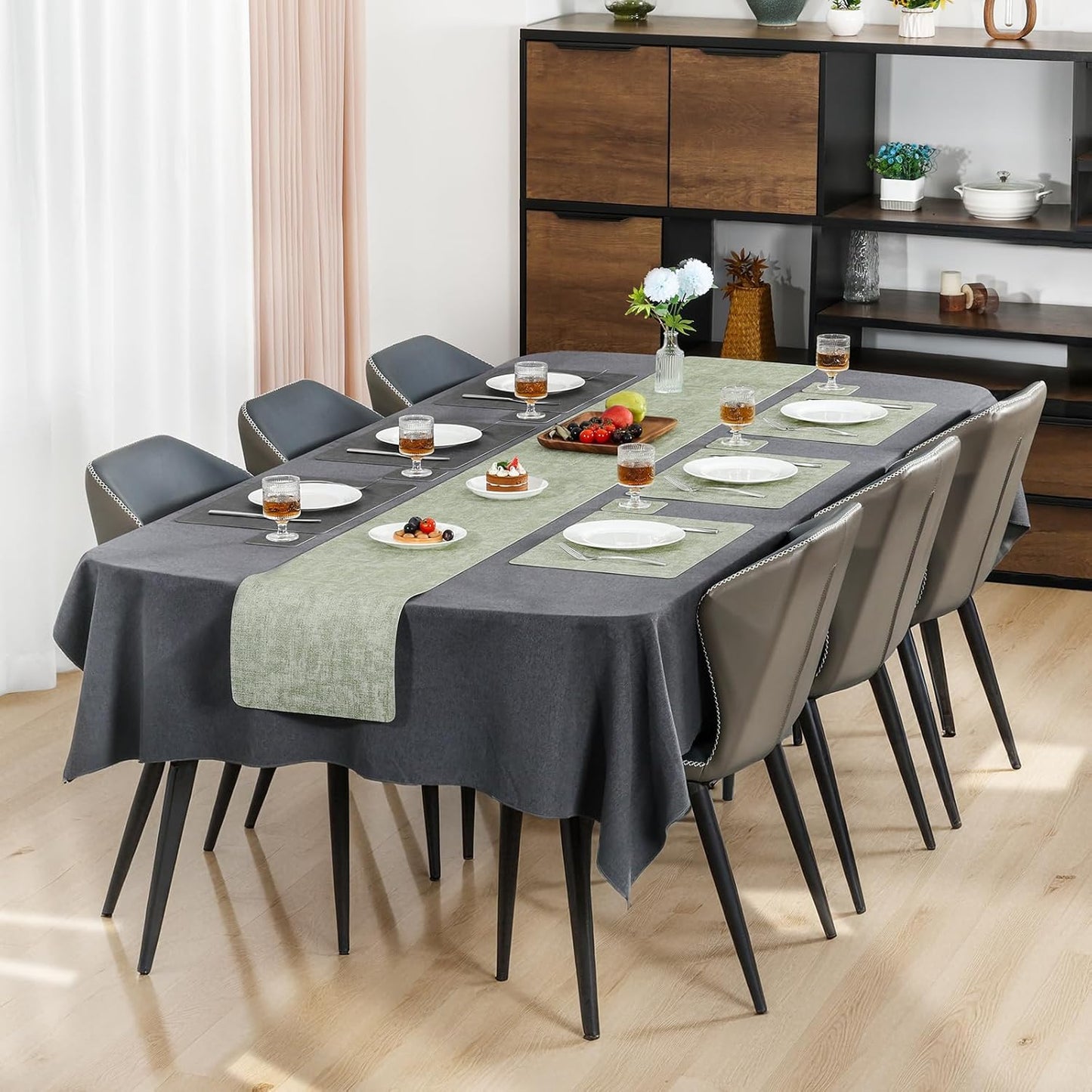 Myir JUN Dual Sided Placemats, Faux Leather Set of 6 Indoor/Outdoor Square Non-Slip Washable Table Mats (Gray Grass Green)