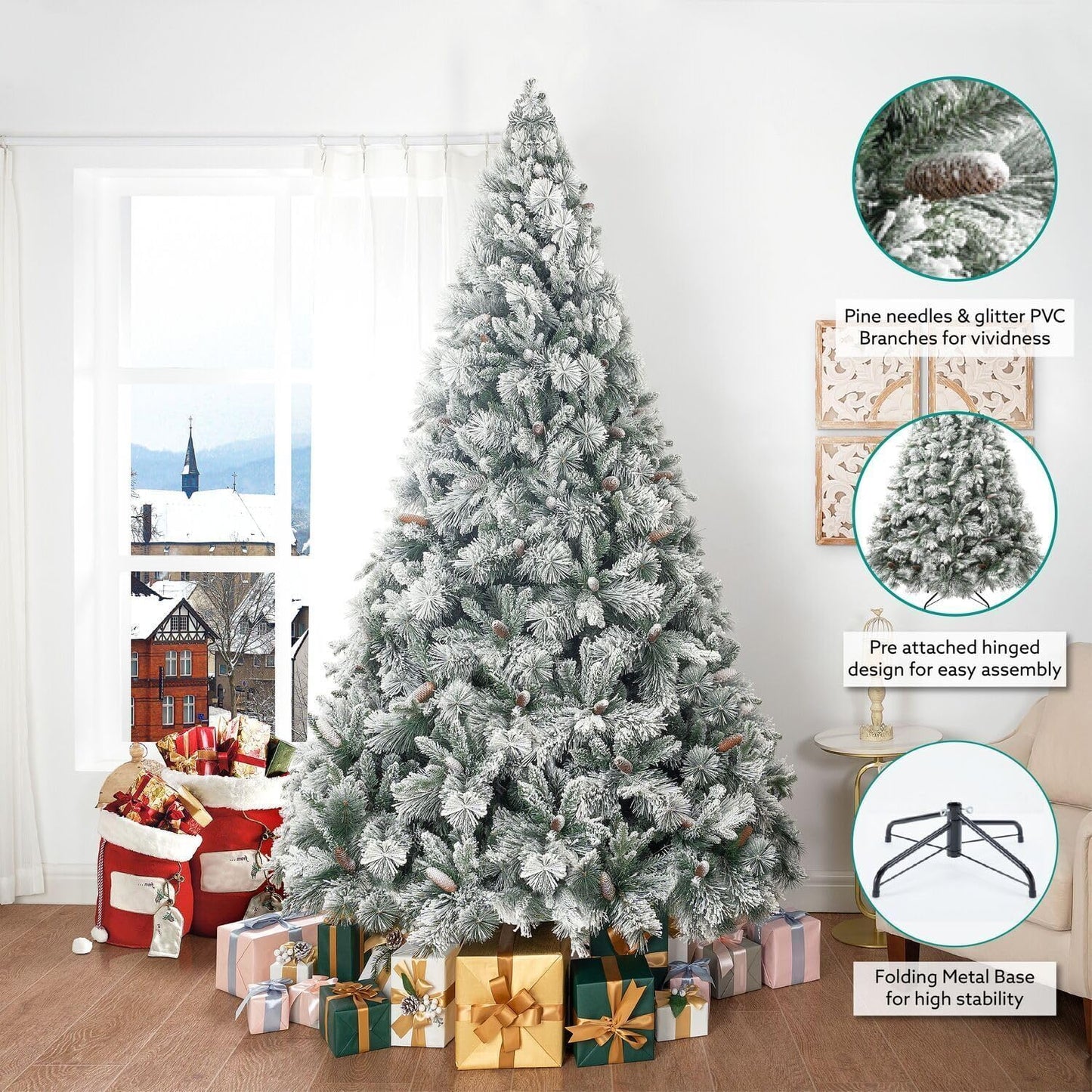 Naomi Home 7.5ft Christmas Tree with Lights, Realistic Prelit with Hinged Design with Foot Pedal, 2755 Branch Tips, 600 Warm Lights and Metal Stand, Aritificial Tree