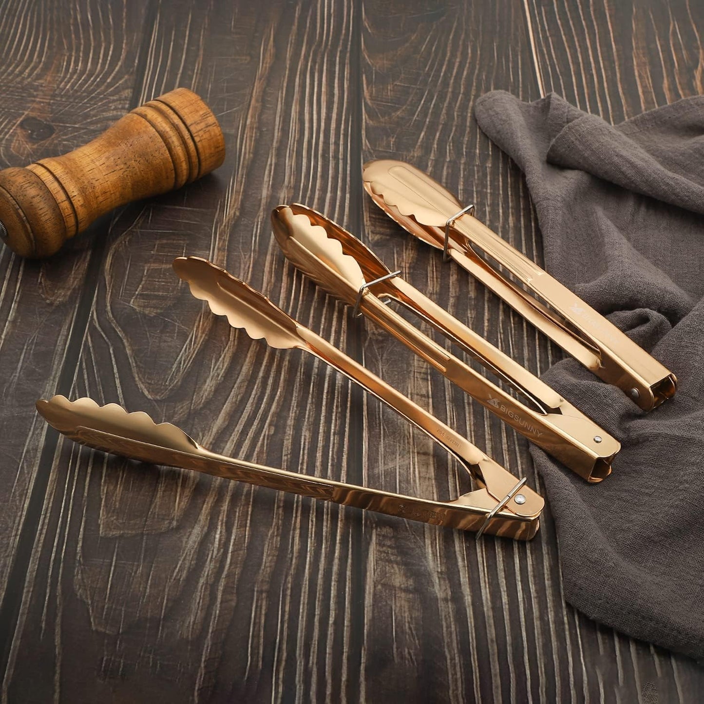 MSY BIGSUNNY 9 Inch Kitchen Food Tongs for Cooking and Serving- Aluminum - Set of 3 (gold-plated)