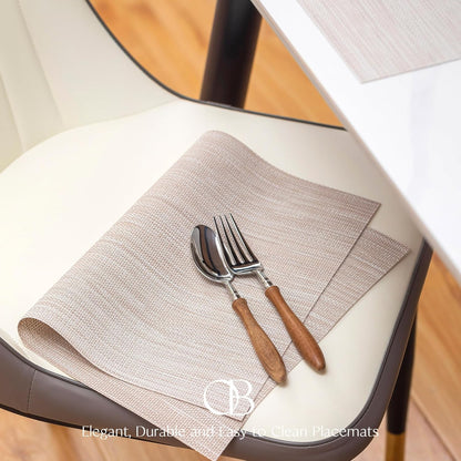 Placemats Set of 4 - Easy Clean Woven Vinyl Placemats for Dining Table, Indoor/Outdoor Place Mats, Washable PVC Table Mats（Beige）