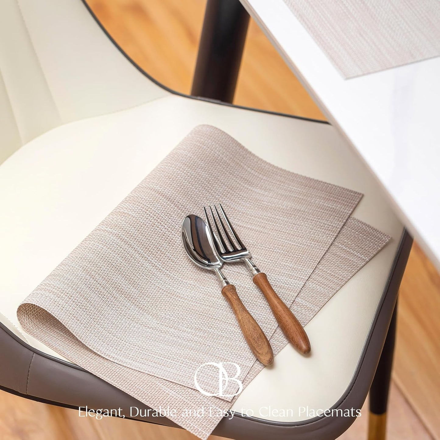 Placemats Set of 12 - Easy Clean Woven Vinyl Placemats for Dining Table, Indoor/Outdoor Place Mats, Washable PVC Table Mats（Beige）