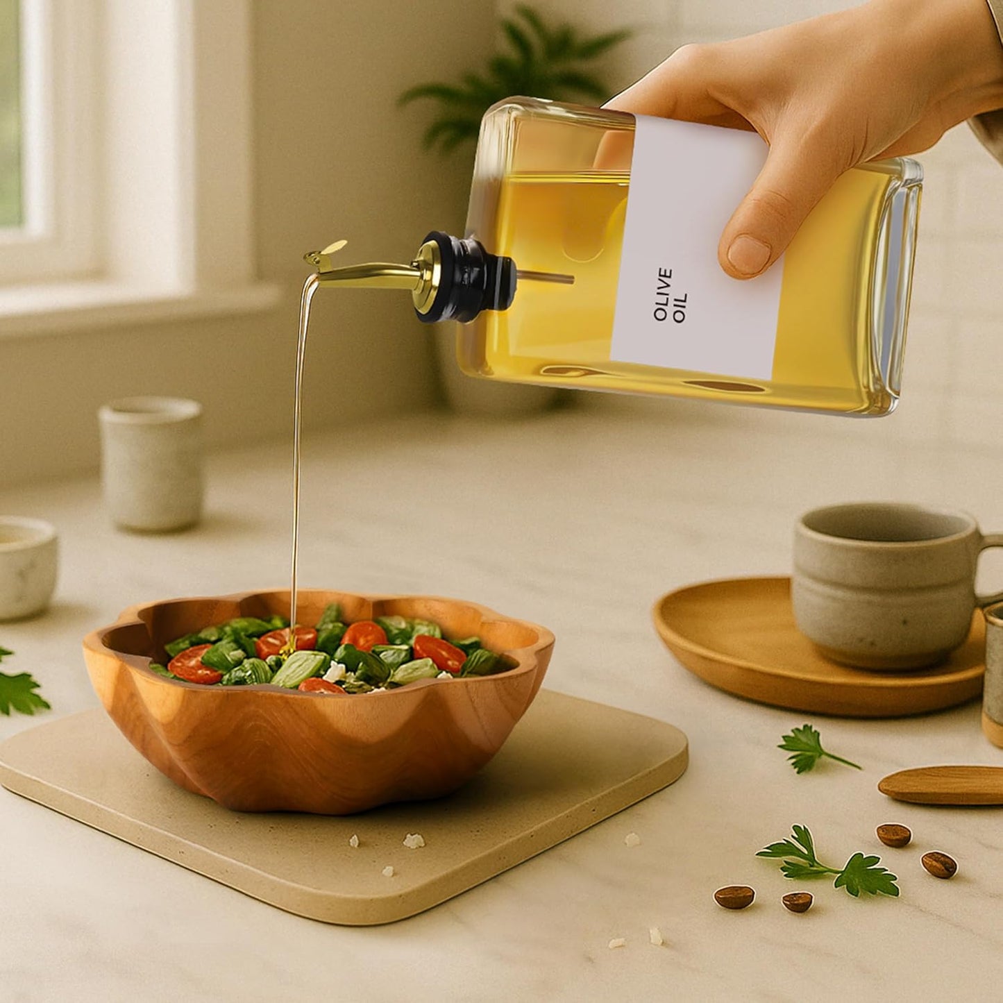 Olive Oil Dispenser Bottle - Includes 44 Kitchen Essential Labels - Cooking Oil Bottles for Kitchen, Coffee Syrup Dispenser - Pourer Spout with 11.8 fl oz Glass Container Cruet - 4pcs, Gold