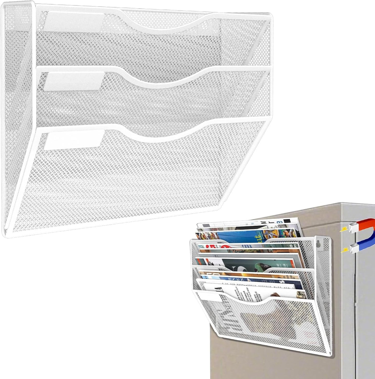3-Tier Magnetic File Holder, No Drilling Installation File Cabinet Organizer, White Magnetic File Organizer, Magazine Rack, Magnetic Paper Holder for Refrigerator, File Cabinets,White