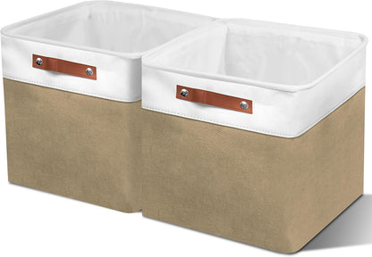 12in Open Fabric Storage Basket with Leather Handles for Organizing, Collapsible Linen Closet Bins for Shelves, Closets, Laundry, Decorative Basket for Gifts. (White＆Khaki, 2PCS/12x12in)