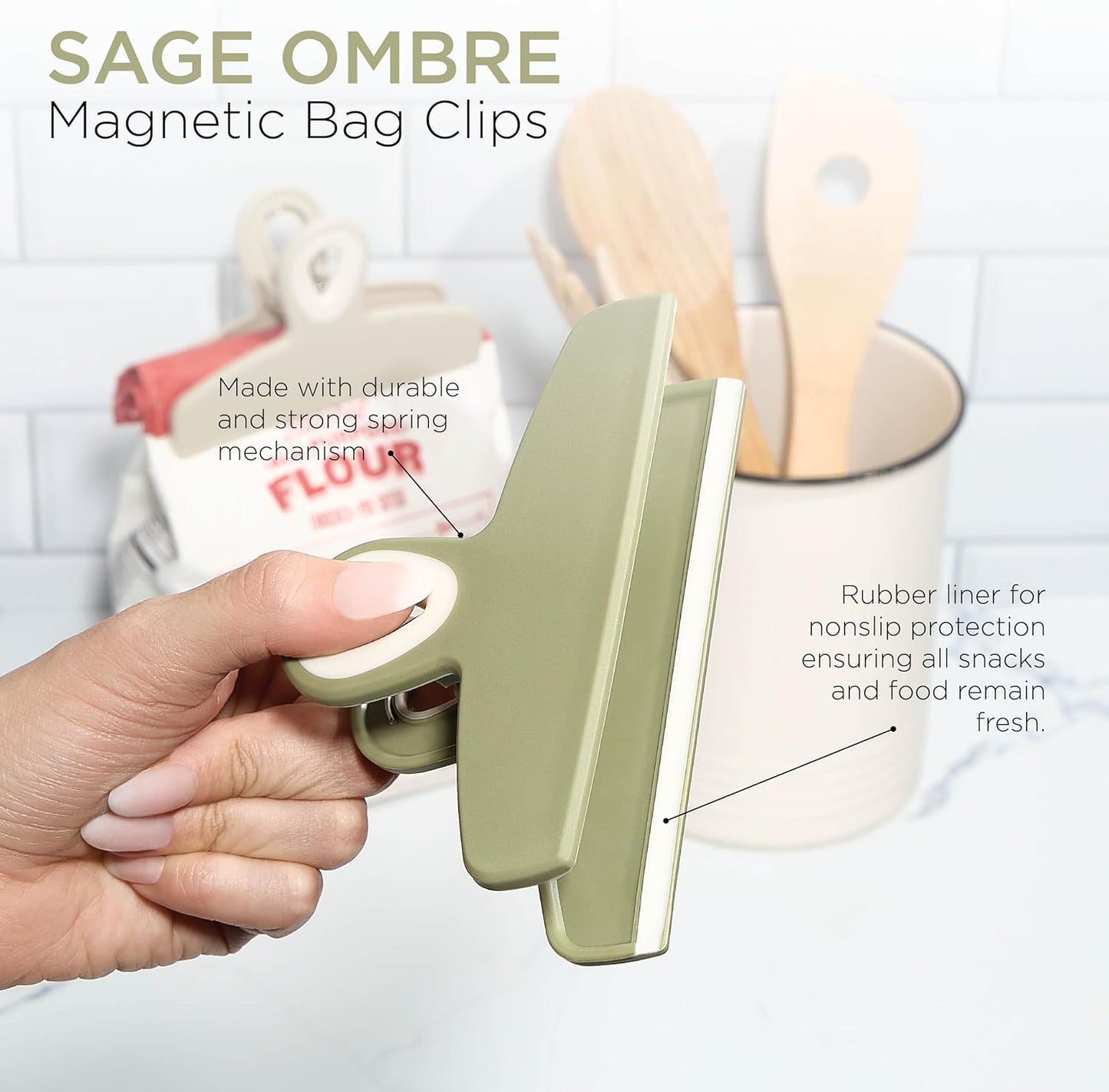 COOK WITH COLOR Bag Clips - Heavy Duty Chip Clip and Refrigerator Magnet Clips for Food Storage with Air Tight Seal Grip, Sage, Pack of 8