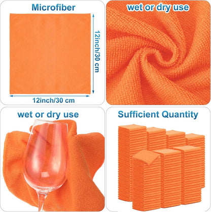 Tenare 100 Pack 12'' x 12'' Microfiber Cleaning Cloths Reusable Cleaning Rags Bulk Microfiber Towels Softer Highly Absorbent Washcloths for House Kitchen Car Window(Orange)