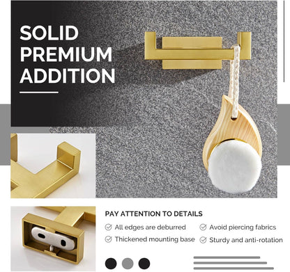 Angle Simple Towel Hook for Bathroom, SUS 304 Stainless Steel Hand Towel Holder, Double Robe Coat Hook for Wall, Brushed Gold