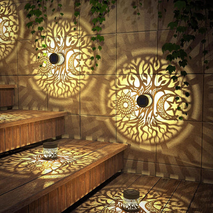 4 Pack Solar Fence Lights Metal Solar Powered Outdoor Wall Deck Step Lights Tree Theme Waterproof Fence Light for Garden Post Patio Backyard Yard Decor (Tree, 4 Pack)