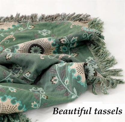 MSGKV Boho Throw Blanket for Couch Bed 100% Cotton Blankets Woven Green Blanket,Versatile Double Sided, Super Soft Warm Blanket 60''x 80''