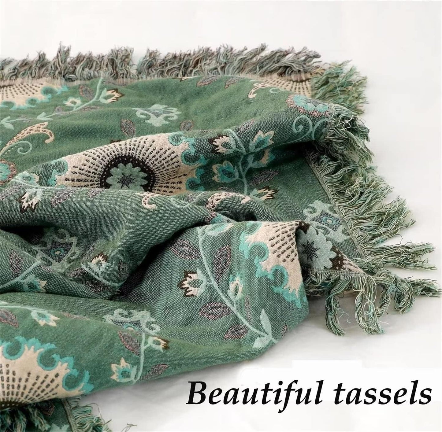 MSGKV Green Boho Throw Blanket for Bed Couch,100% Cotton Mexican Picnic Blankets Travel Blanket 80''x 90'', Super Soft Lightweight Muslin Blanket for Bedroom Living Room Boho Decor