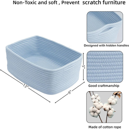Small Woven Storage Baskets 13“X9”X5“ Decorative Rope Bins for Organizing Shelves, Closets, and Toys, Empty Gift Baskets, Cute Organizer Basket for Home and Office (blue, Large)