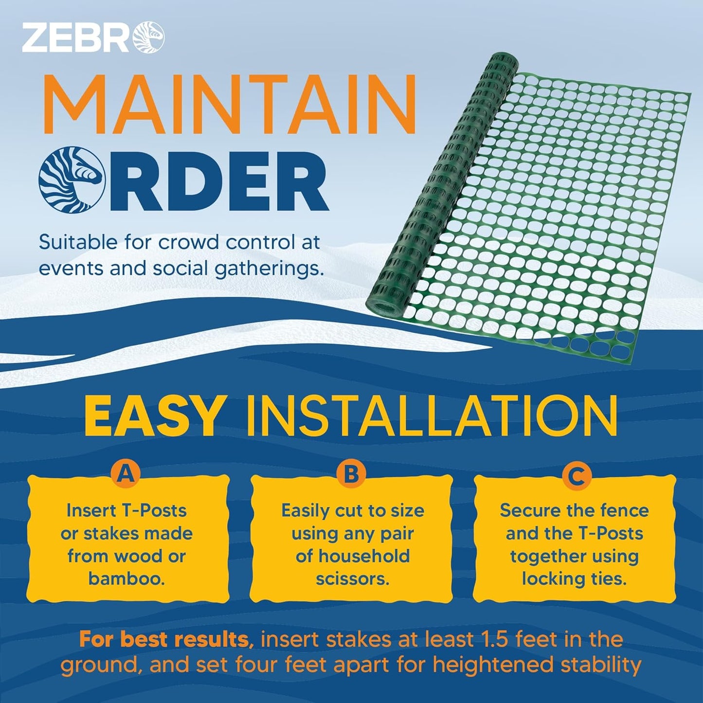 ZEBRO 4' x 100' Green Plastic Garden Fence Roll – Light Duty Mesh Fencing for Temporary Fence, Snow, Garden Netting, Animal Barrier, Agricultural Fencing & Lawn Protection