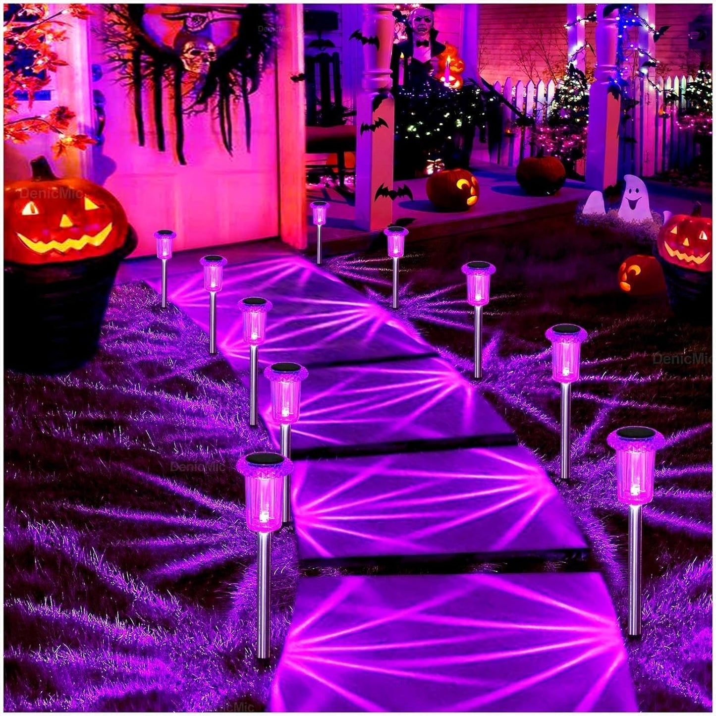DenicMic Halloween Solar Lights Outdoor 15 Pack Purple LED Waterproof Yard Garden Patio Backyard Pathway Walkway Landscape Lawn Outside Halloween Decorations Outdoor