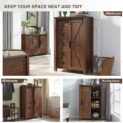 T4TREAM 5 Drawers Dresser for Bedroom w/Sliding Barn Door, Farmhouse Modern Dresser Tall 5 Chest of Drawers, Storage Organizer for Bedroom, Hallway, Living Room, Kids Room, Reclaimed Barnwood