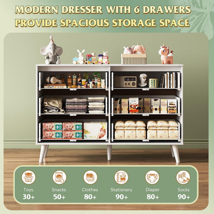 WLIVE 6 Drawer Dresser for Bedroom, 47.24'' Wide Wood White Dresser, Storage Organizer with Sturdy Metal Handle, TV Stand for 55 inch TV, Chest of Drawers for Living Room, Hallway, Closet