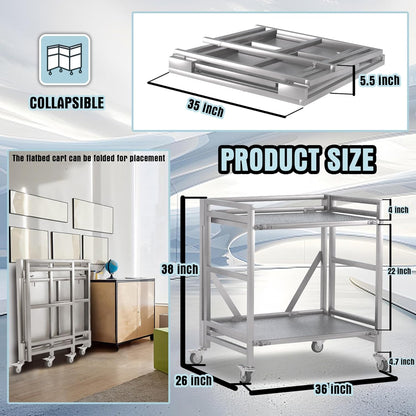 2 Shelf Rolling Cart with Wheels, 660lbs Capacity Collapsible Steel Rolling Utility Cart, Heavy-Duty Foldable Workbench, Metal Rolling Storage Cart with Handle for Groceries, Warehouse (36" Lx26 W)