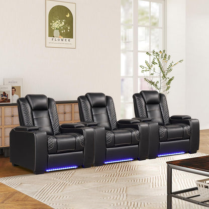 ANJ Power Theater Recliners Set of 3, Electric Home Theater Seating, Black Faux Leather Recliner with Adjustable Headrest, Movie Recliner Theater Chairs with LED,USB, Cup Holders, Hidden Arm Storage