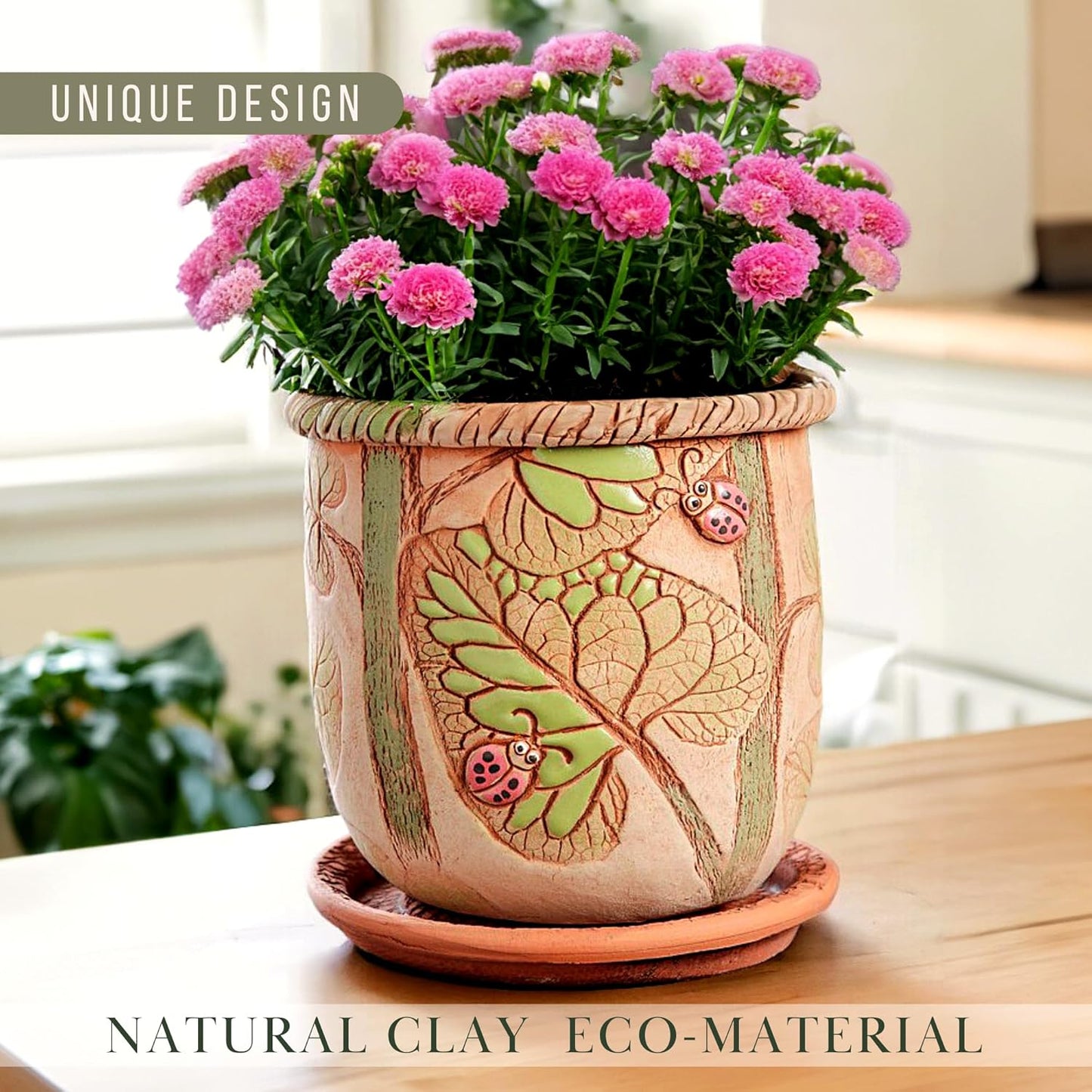 Ceramic Pot with Drainage Hole and Saucer, Plant Pots, Modern Decorative Planters for House Plants Indoor Flowers Plants, Cute Flower Pot - Gifts (Ladybugs (3 L))