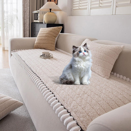 OTOB Sofa Covers for 3 Cushion Couch Washable, All Seasons Fuzzy Non Slip Kids & Pet Friendly Dog Bed Mats Couch Cover, Soft Plush Sofa Slipcovers Furniture Protector (Beige, 27.6" x 70.9'')