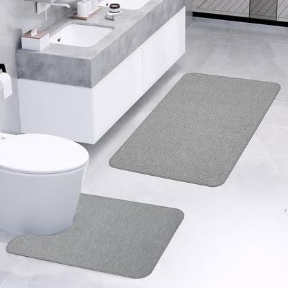 Bathroom Rugs Set 2 Pieces,Thin Bathroom Mats,Toilet Rugs,Quick Dry,Non-Slip,Machine Washable,Low Pile,Absorbent Bath Mats,Shower,Sink,Home Decor Accessories.Grey,1'5"x2'3"+1'8"x2" U Shape