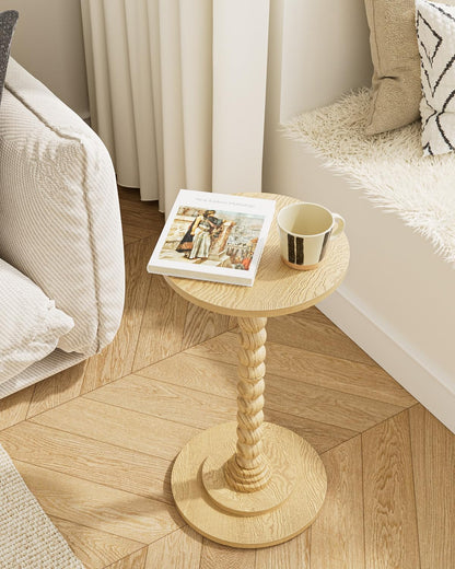 Masupu Round Side Table, Small End Table for Small Spaces, Pedestal Drink Table with Solid Wood Leg for Living Room, Bedroom, Corners(Natural)